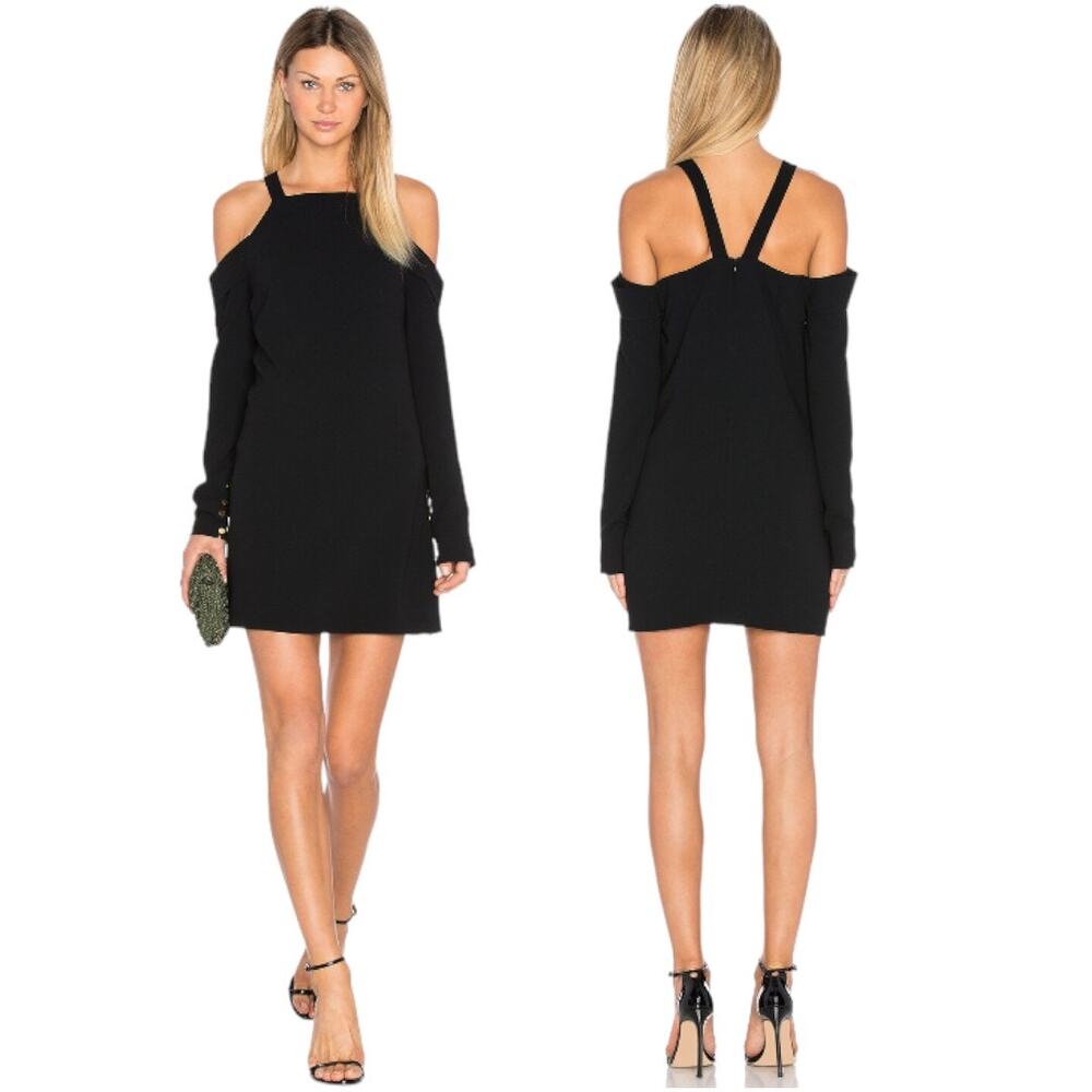 Tibi NEW Off the Shoulder Gold Button Long Sleeve Mini Dress Revolve Black 6